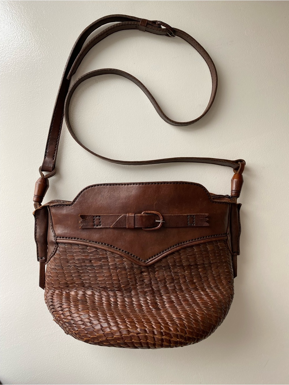 Vintage Brown Woven Leather Crossbody Bag - Women
